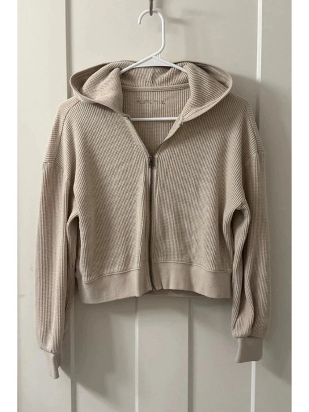 Abercrombie Womens XS Cropped Waffle Knit Zip Hoodie Beige Thermal Oversized